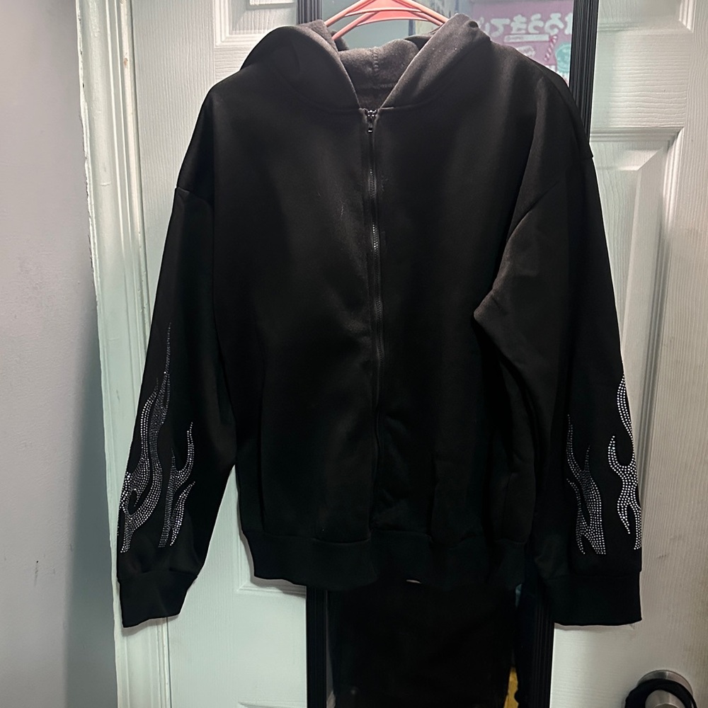 Black Hoodie with Rhinestone Flame Design
